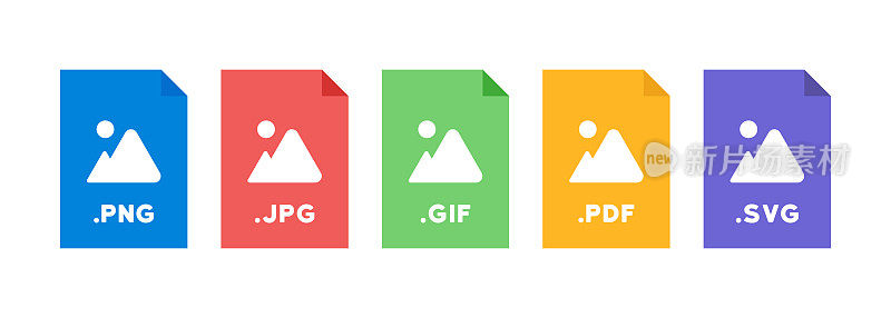 文件格式图标集。PNG, JPG, GIF, PDF, SVG文件文档图标。孤立背景上的矢量。每股收益10